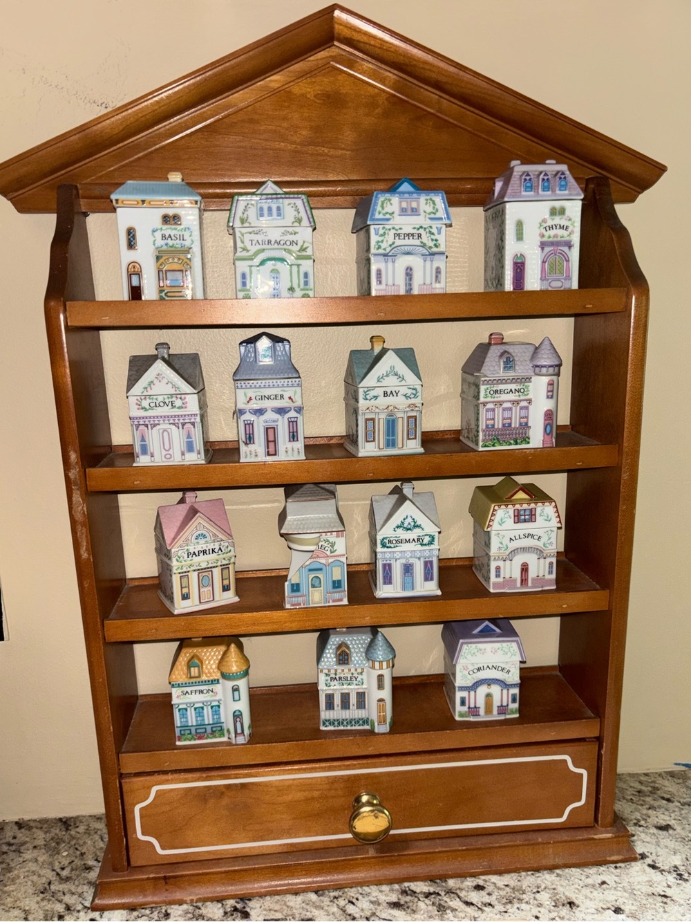 1989 LENOX Porcelain Spice Village House W/ 14 Jars and Wooden Rack